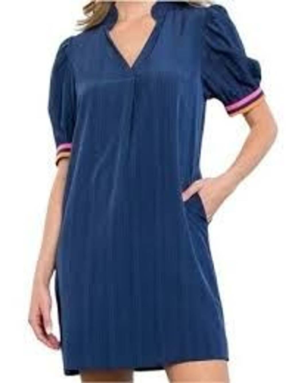 THML The Ravello Dress Small Blue Split V-Neck Puff Sleeve Shift Dress